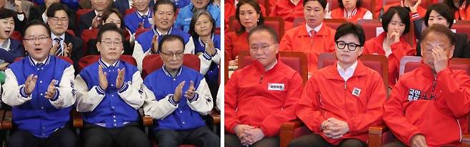 이재명 더불어민주당 대표와 한동훈 국민의힘 비상대책위원장이 10일 오후 서울 여의도 국회에 마련된 개표상황실에서 각각 출구조사 결과 발표를 시청하고 있다. 뉴시스