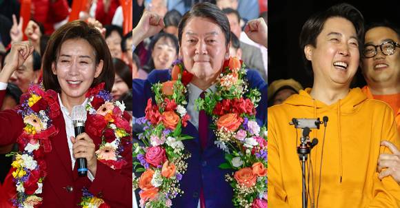 제22대 국회의원선거에서 출구 조사 결과를 뒤집고 당선된 후보들이 여럿 나왔다. 사진은 왼쪽부터 나경원 국민의힘 서울 동작을 당선인, 안철수 국민의힘 경기 성남 분당갑 당선인, 이준석 개혁신당 경기 화성시 을 당선인. [사진=뉴시스]