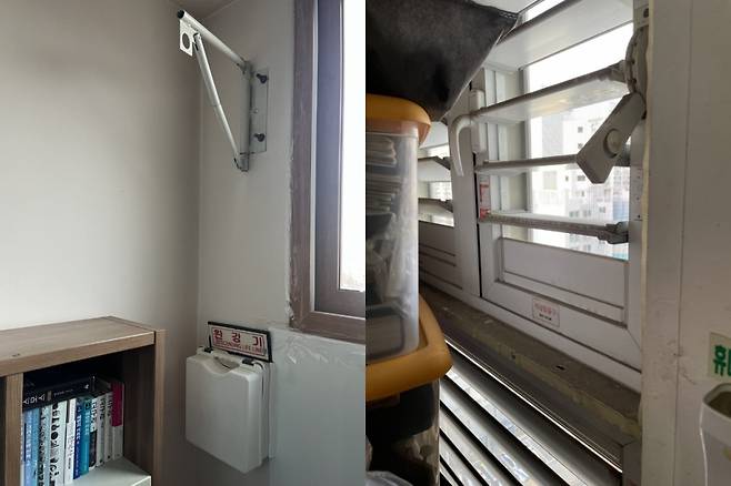 아파트에 설치된 완강기와 비상탈출구. 거동이 불편한 장애인이 직접 설치해 사용하기엔 어려운 구조다. /사진=이승주 기자