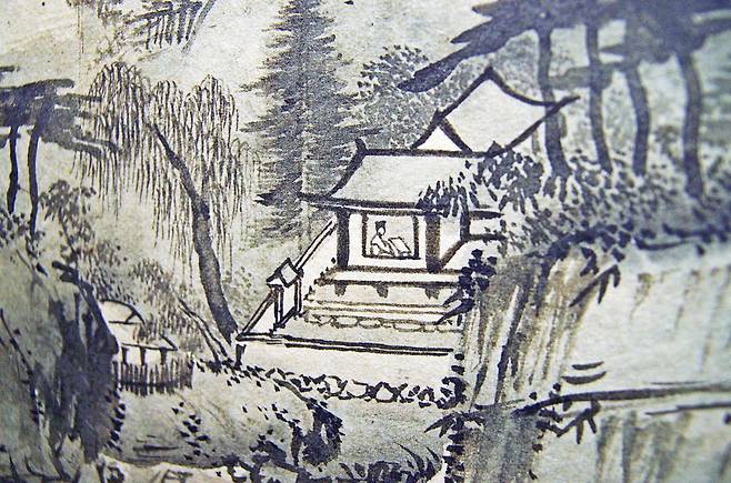 계상정거도(복제품) 작은 서당에 앉아 있는 사람이 있다. 아마도 겸재가 퇴계 이황의 모습을 상상해서 그린 건 아닐까