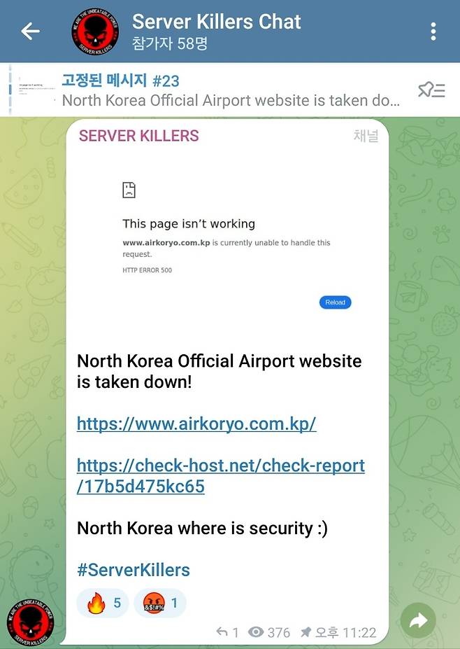 친(親) 러시아 성향 해킹조직 '서버 킬러즈'의 텔레그램 화면. 이들은 지난 9일 텔레그램을 통해 북한 고려항공 홈페이지를 디도스 공격을 가해 마비시켰다고 밝혔다.(서버 킬러즈 텔레그램 갈무리)