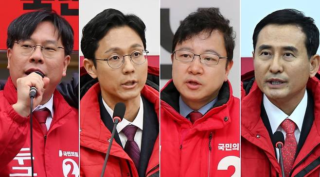 낙선한 국민의힘 인재영입 후보들. 왼쪽부터, 인천서구갑 박상수 후보,서울강북갑 전상범 ,구로갑 호준석, 용인정 강철호 후보./이덕훈 기자·연합뉴스