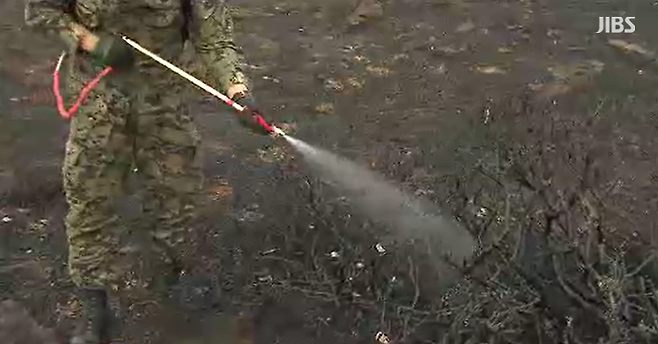 2012년 4월 한라산 사제비 동산에 담배꽁초 원인 추정 화재가 발생해 군이 잔불을 정리하는 모습