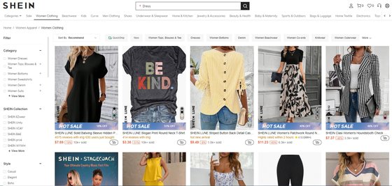 중국의 울트라 패스트 패션 업체 '쉬인'에서는 가장 저렴하게는 1달러짜리 옷도 판매되고 있다. 사진 쉬인 홈페이지 캡처