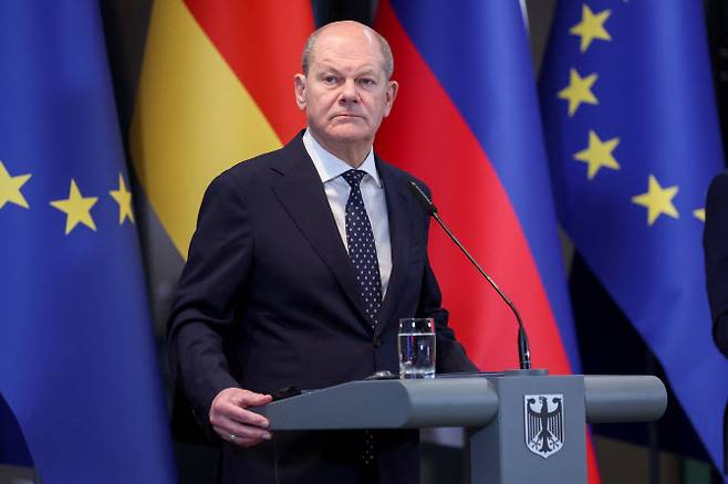 Germany‘s Chancellor Olaf Scholz looks on during a press conference with Slovenia’s Prime Minister Robert Golob in Brdo pri Kranju, Slovenia, March 26, 2024. REUTERS/Borut Zivulovic
