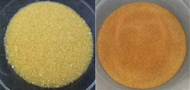 원자력연구원이 중수로 폐수지 처리 공정장치를 이용해 폐수지에서 방사성동위원소를 분리, 저감했다. 왼쪽 사진은 처리전 폐수지, 오른쪽 사진은 처리후 폐수지. 원자력연구원 제공