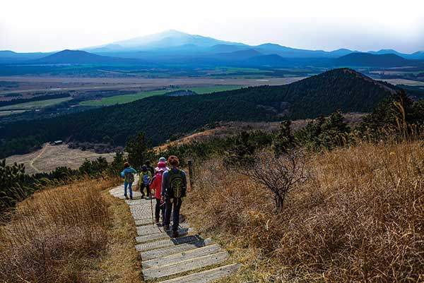 큰사슴이오름을 내려서는 길. 족은사슴이오름과 정석비행장이 훤하고, 그 너머로 여러 오름을 품은 한라산이 펼쳐졌다.