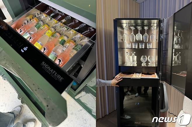 LG 시그니처 키친 스위트 '언더카운터 모듈형 냉장고'의 상단을 열어본 모습(왼쪽),  M2 아틀레이가 디자인한 시그니처 키친 스위트 '와인 캐빈'(오른쪽). 2024.4.15 / 뉴스1 ⓒ News1 강태우 기자