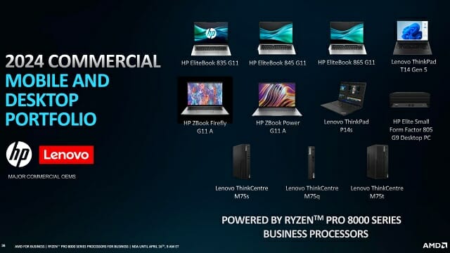 HP 등 주요 글로벌 제조사가 올 2분기부터 라이젠 프로 8000 탑재 기업용 PC를 공급 예정이다. (자료=AMD)