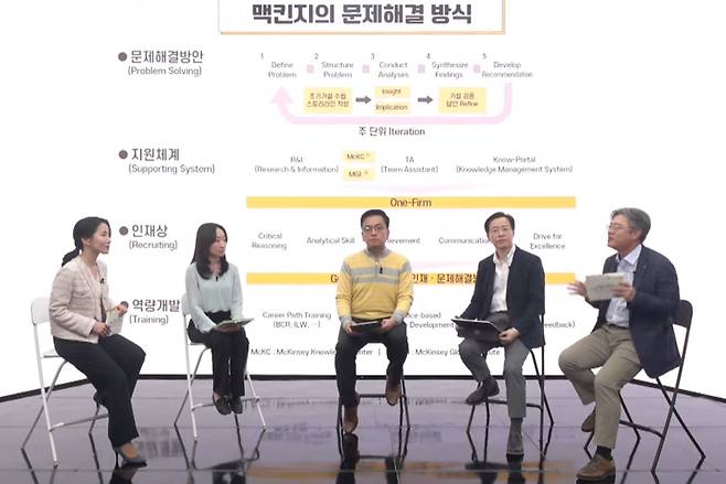 조영선 KB금융 디지털·IT 부문 부사장(오른쪽부터), 나석권 SK 사회적가치연구원 대표이사, 최상목 경제부총리 겸 기획재정부 장관. 조 부사장이 맥킨지의 업무방식에 대해 설명하고 있다. /기재부 유튜브