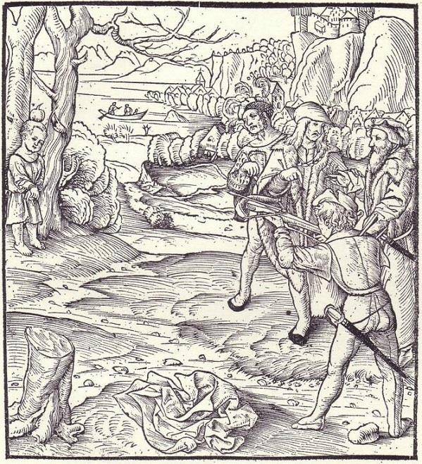 빌헬름 텔이 활로 아들 머리 위에 있는 사과를 쏘고 있는 1554년 그림. 위키피디아