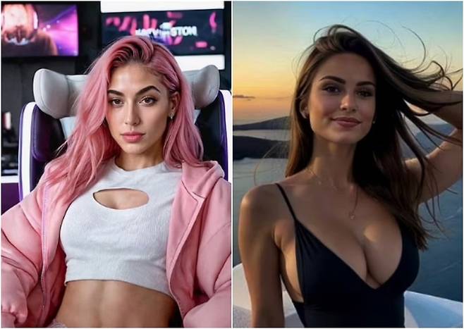 AI 미인대회 심사위원으로 이름을 올리고 있는 AI 인플루언서 아이타나 로페즈(좌), 에밀리 펠리그리니/사진=팬뷰 영상 캡처