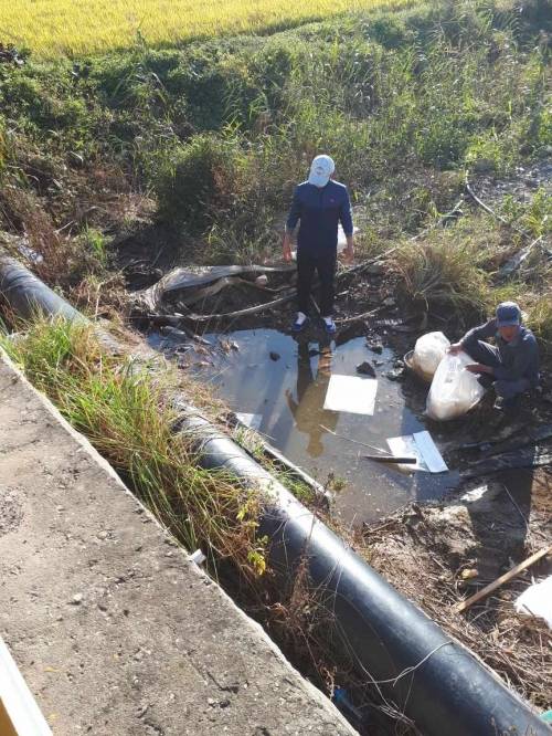 2020년에 이어 지난해에도 송유관에서 기름이 유출된 백령발전소 인근 농경지. 송유관이 지상에 노출돼 있다. 인천녹색연합 제공