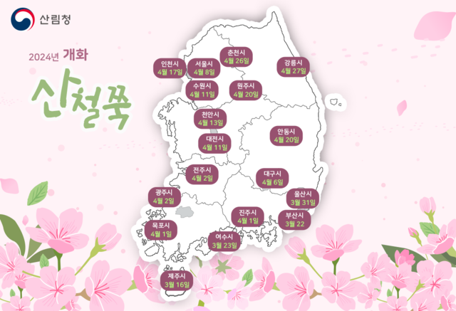 2024년 산철쭉 개화 시기 예측지도. 산림청