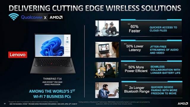 레노버는 AMD 기반 기업용 노트북 일부 제품에 퀄컴 와이파이7 모듈을 탑재 예정이다. (자료=AMD)