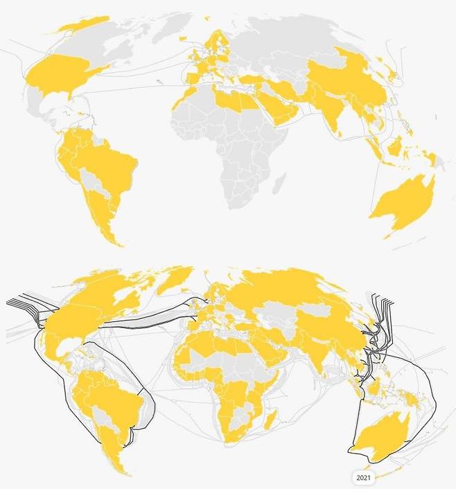 1999년 해저 케이블(위)과 2020년 해저 케이블 숫자의 차이. 지난 20여년간 설치된 케이블 중 약 절반은 미국의 4대 빅테크가 투자했다. [이미지출처=텔레지오그래피]