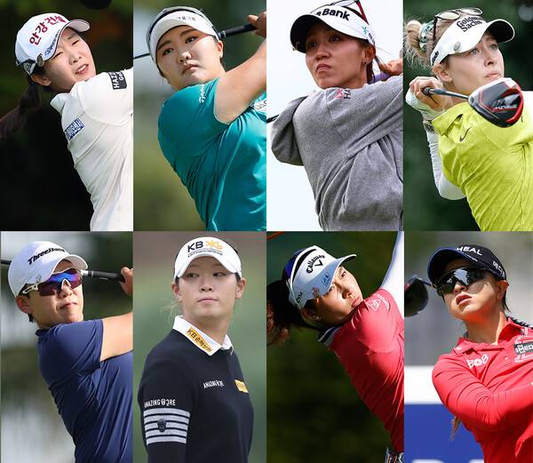미국여자프로골프(LPGA) 투어 2024시즌 첫 메이저 대회 셰브론 챔피언십에 출전하는 임진희,&nbsp;신지애, 방신실 프로(사진제공=KLPGA). 유해란, 리디아 고, 넬리 코다, 아타야 티띠꾼, 김세영(사진제공=Getty Images_LPGA)