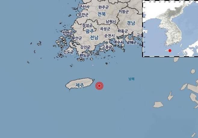 오늘(22일) 저녁 6시 47분께 제주 동쪽 51km 해역서 규모 2.0의 지진이 발생했다. 빨간 동그라미는 지진 발생 위치. (기상청 제공)