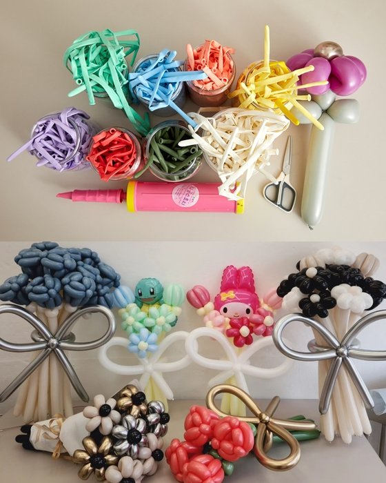 다양한 색상의 요술풍선(위 사진)과 요술풍선으로 만든 꽃다발들.