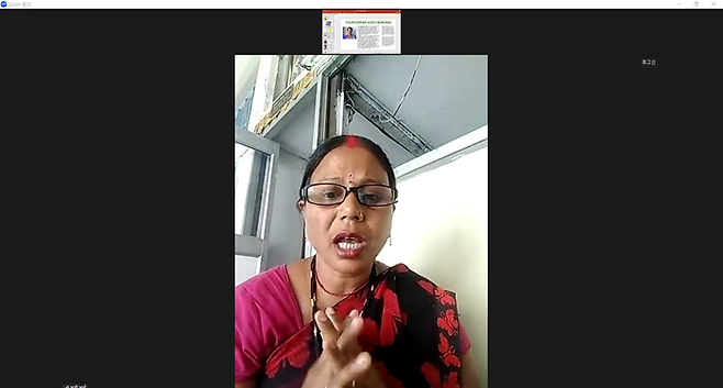 인도 보팔 참사 피해자 바티 바이가 22일 화상회의 서비스 줌을 이용해 개최한 ‘지구촌 환경정의를 위한 피해자 목소리’ 온라인 증언대회에서 말하고 있다. 줌 화면 갈무리.