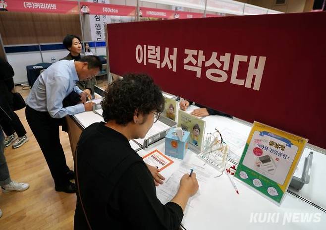 중소기업 취업자 중 청년층 비중이 30%에 그치는 것으로 나타났다. 지난해 10월 열린 서대문구 취업정보박람회에서 구직자들이 이력서를 작성하는 모습. 쿠키뉴스 자료사진
