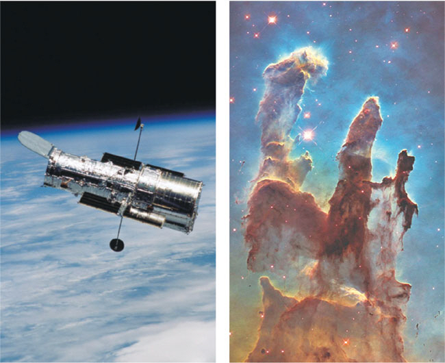 지구 상공 약 600㎞에 떠 있는 허블우주망원경(왼쪽)이 1995년 촬영한 ‘독수리 성운’사진(오른쪽). 허블우주망원경이 보내온 가장 유명한 우주 사진 중 하나로 ‘창조의 기둥’이라는 별명으로도 불린다. 나사