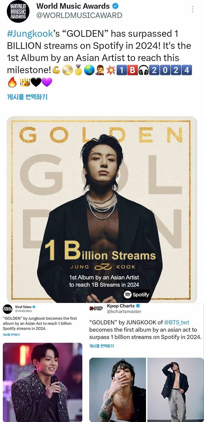 방탄소년단 정국 'GOLDEN', 2024년 스포티파이 아시아 아티스트 앨범 최초 10억 스트리밍 '大기록'