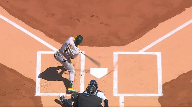 오클랜드 1번타자 에스테우리 루이즈가 1회초 양키스 선발 카를로스 로돈의 4구째 슬라이더에 왼발을 맞는 순간 배트를 내밀고 있다. 이 스윙은 돌지 않은 것으로 나타났다. 사진=MLB.TV 캡처