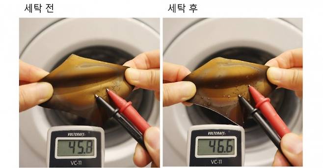 금속 탄성체 나노상은 세탁 전후에도 초기 전도도값을 그대로 유지하는 우수한 내구성을 보인다. 한국연구재단 제공.