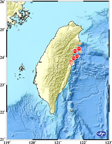 22일 오후 대만 화롄현 인근서 잇따라 발생한 지진 [대만 중앙기상서 제공. 재판매 및 DB 금지]
