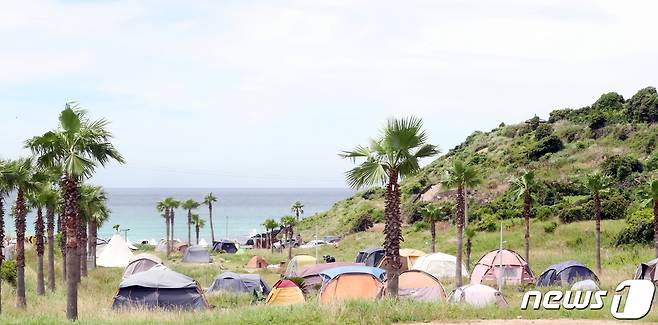 제주시 함덕해수욕장에서 관광객과 도민들이 캠핑을 즐기고 있다. /뉴스1 ⓒ News1 오현지 기자