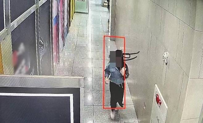 벤치에 둔 루이비통 가방을 가지고 달아난 여성의 모습이 건물 CCTV에 찍혔다./온라인커뮤니티