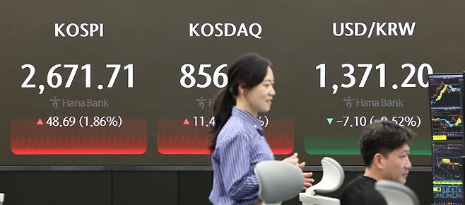 코스피가 2% 가까이 상승해 2670선으로 올라선 24일 오전 서울 중구 하나은행 본점 딜링룸에서 직원이 업무를 보고 있다. /연합뉴스