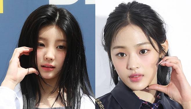 하이브와 어도어의 갈등이 격화돼 뉴진스와 아일릿이 논란의 중심에 선 가운데 아일릿 멤버 원희(왼쪽)와 뉴진스 멤버 민지가 각각 ‘두시탈출 컬투쇼’ 포토타임과 샤넬 행사장에서 볼하트를 만들어 보이고 있다. 사진=한윤종 기자