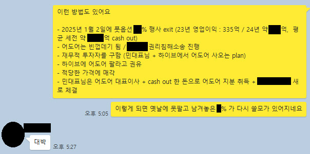 어도어 경영진 3인의 단체 대화방에서 2024년 4월 4일 오간 대화. 부대표의 구상에 대표이사가 답하고 있다. 사진제공=하이브