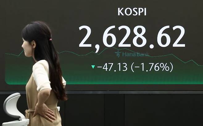 25일 오후 서울 중구 하나은행 본점 딜링룸 전광판에 코스피지수 등이 표시되고 있다.ⓒ연합뉴스