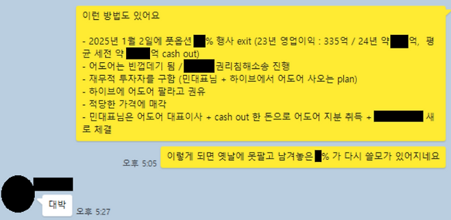 어도어 경영진 3인의 단체 대화방에서 2024년 4월 4일 오간 카카오톡 대화 중 일부.  부대표의 구상에 민희진 대표이사가 답하고 있다. 하이브 제공