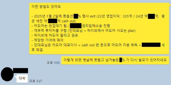하이브가 공개한 ‘어도어 경영진 3인 단체 대화방’에서 지난 4일 오간 대화. 해당 사진에 따르면 어도어 부대표의 구상에 대표이사가 답하고 있다.(하이브 제공)