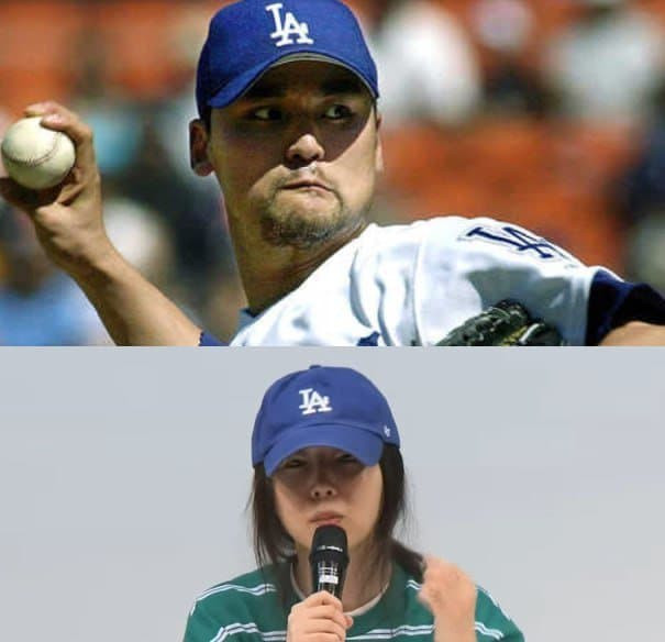 LA 다저스 선수 시절의 박찬호와 민희진 어도어 대표가 같은 모자를 쓴 모습이 온라인에서 화제가 되고 있다. 사진=온라인커뮤니티 캡처