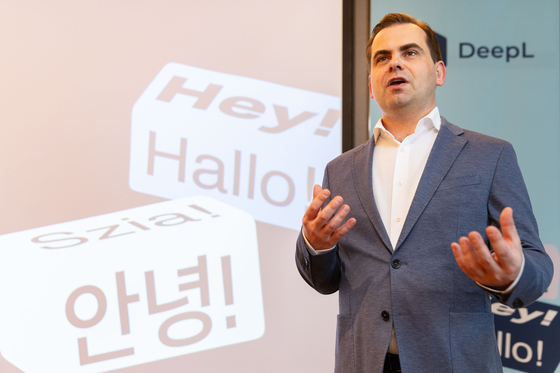 Jarek Kutylowski, founder and CEO of DeepL, speaks to the Korean press at a hotel in southern Seoul on Friday. [DEEPL]