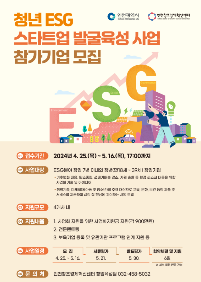 청년 ESG 스타트업 발굴육성 사업 참가기업 모집 포스터. 자료제공=인천창조경제혁신센터