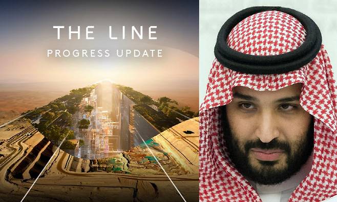 네옴시티 ‘더 라인’과 무함마드 빈 살만 사우디아라비아 왕세자.(사진=네옴시티 인스타그램 / AFP)