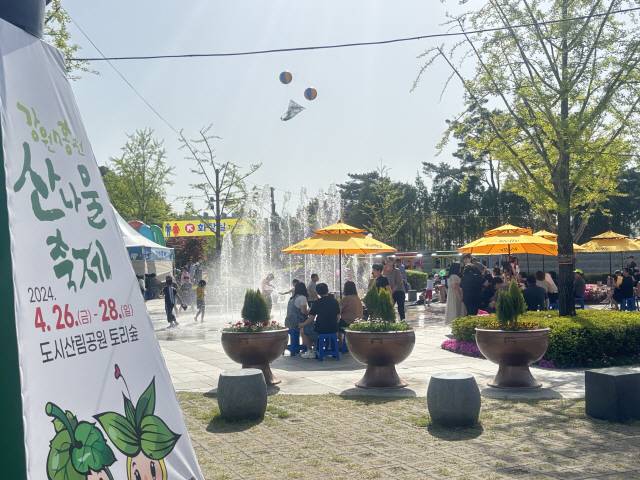 ▲ 강원n홍천 산나물 축제가 26~28일간 홍천 토리숲에서 열리는 가운데 축제장에 마련된 분수에서 어린이들이 이른 물놀이를 즐기고 있다.