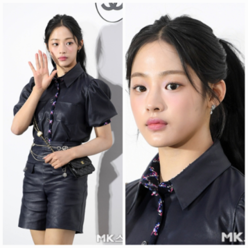 민지는 네이비 블루 색상의 블라우스와 하이웨이스트 가죽 스커트를 입고 현대적인 도시 여성의 이미지를 완벽하게 표현했다. 사진=천정환 기자