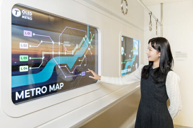 LG디스플레이 모델이 투명 OLED를 열차에 적용한 콘셉트를 소개하고 있다.(사진=LG디스플레이)