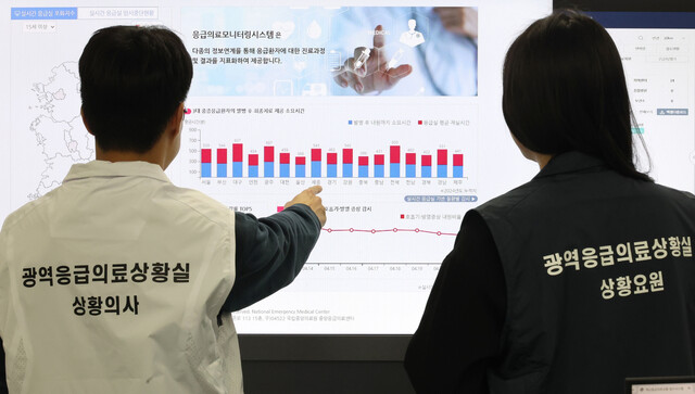 지난 25일 충청권 광역응급의료상황실에서 직원들이 실시간 응급실 포화지수를 살펴보고 있다. 연합뉴스