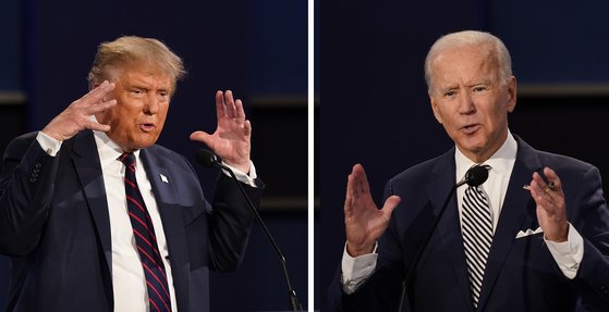 지난 2020년 9월 29일 첫 대선 후보 TV토론회에서 도널드 트럼프(왼쪽)와 조 바이든(오른쪽)이 맞붙었을 당시의 모습. AP=연합뉴스