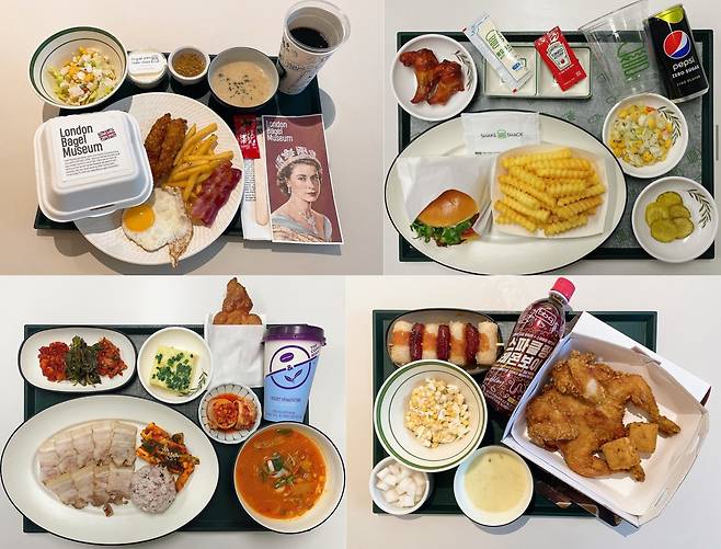 GS그룹 사원식당 '그래잇'이 선보인 주요 컬래버레이션 식단. 왼쪽부터 시계방향으로 런던베이글뮤지엄, 쉐이크쉑버거, BBQ, 남영돈과 각각 협업해 점심 메뉴를 제공했다. [GS 제공]