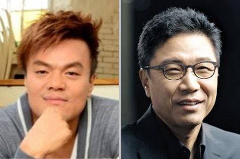 박진영 JYP엔터테인먼트 대표 프로듀서 겸 COO(창의성 총괄 책임자)와 이수만 전 SM엔터테인먼트 총괄 프로듀서. /조선DB