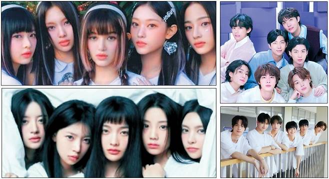 하이브 산하 레이블의 K-팝 아티스트. 어도어의 그룹 뉴진스(왼쪽 위부터 시계방향으로), 빅히트뮤직의 방탄소년단, 플레디스엔터테인먼트의 투어스, 빌리프랩의 아일릿 [어도어·빅히트뮤직·플레디스·빌리프랩 제공]